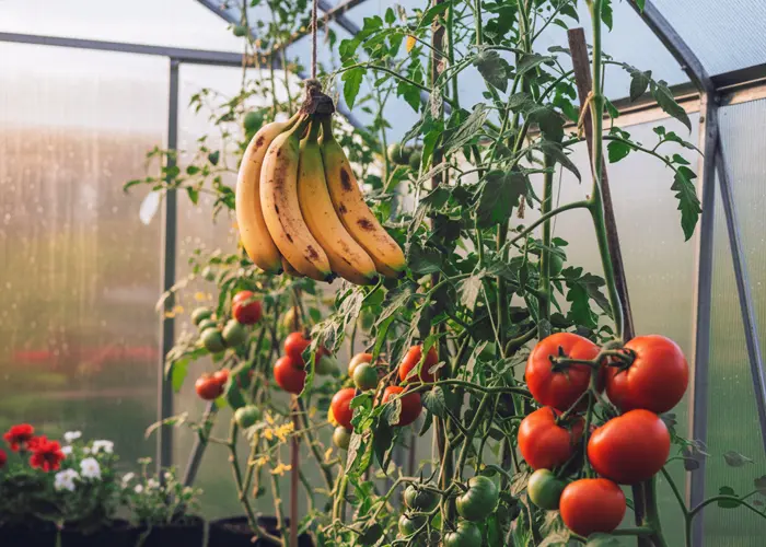 Bananes mûres suspendues près de grappes de tomates rouges et vertes dans une serre pour stimuler le mûrissement.