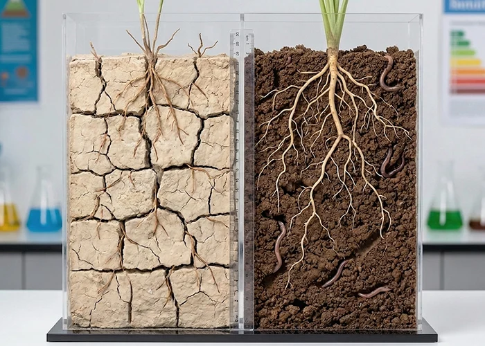 Comparatif entre un sol appauvri et un sol aéré sous serre : à gauche un sol compact et sec, à droite, un sol fertile et humide