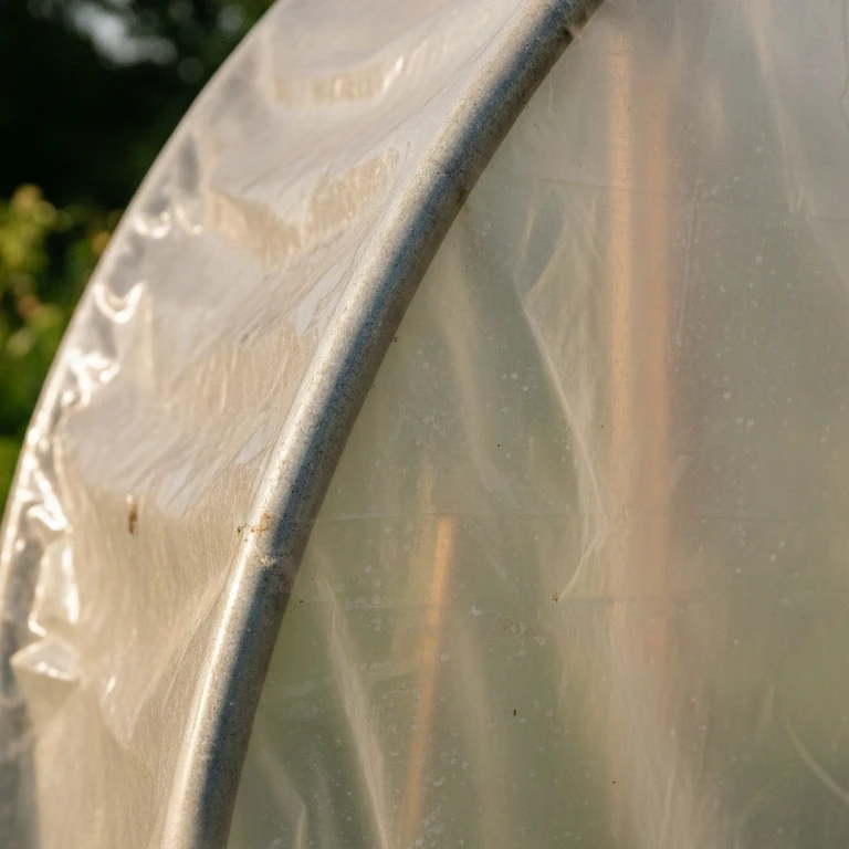 Illustration du phénomène de fluage du polyéthylène&nbsp;: la bâche se relâche progressivement sous l'effet de la contrainte constante et des variations thermiques