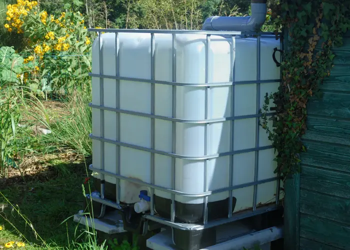récupérateur d'eau de pluie dans un potager