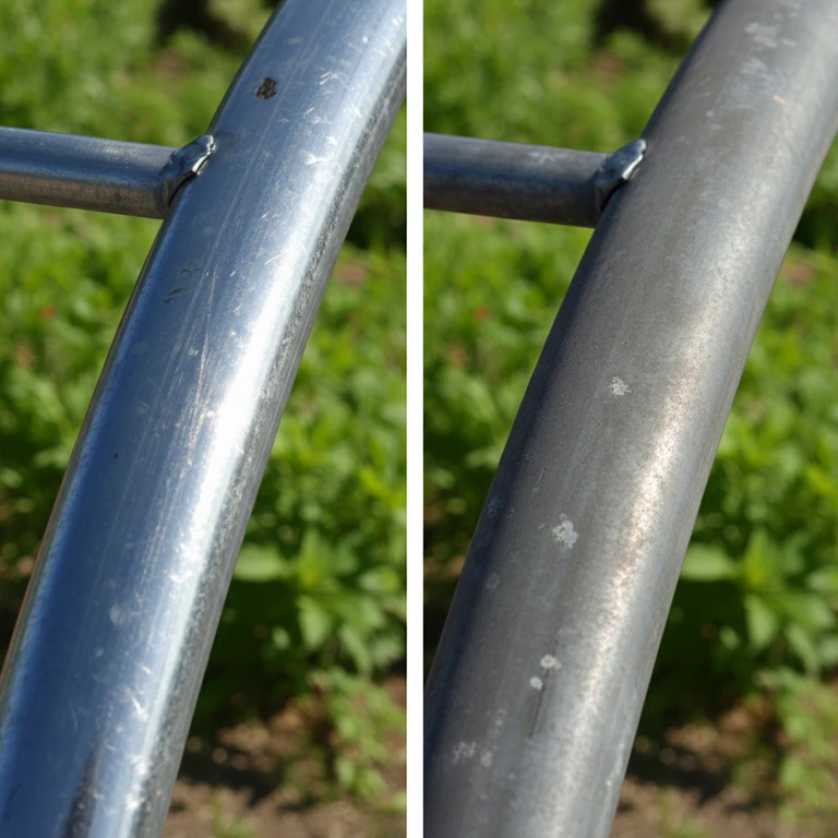 Comparaison entre un tube en acier galvanisé neuf (à gauche) et un tube vieilli naturellement (à droite)