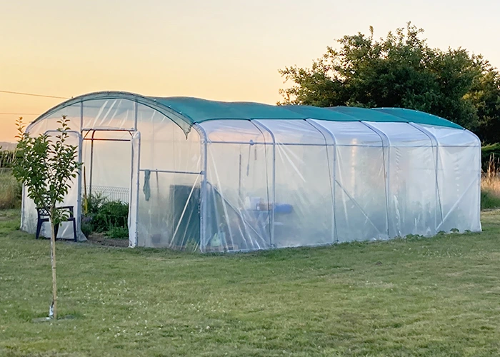 Voile d'ombrage disposée sur une serre tunnel avec une bâche en polyéthylène : aide à réduire la chaleur sous serre