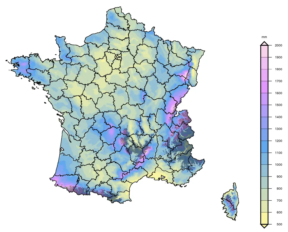 cumuls pluviométriques annuels moyens France métropolitaine