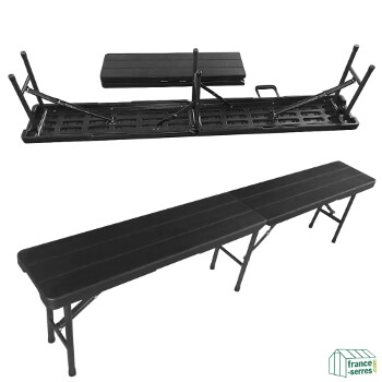 Notre banc pliant noir a un encombrement réduit grâce à son pliage en valise qui permet une manipulation facile et rapide Notre banc pliant noir a un encombrement réduit grâce à son pliage en valise qui permet une manipulation facile et rapide