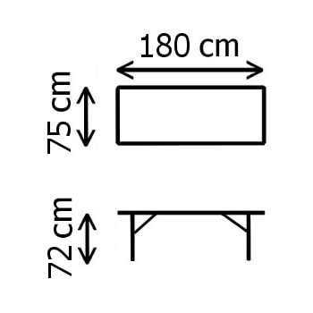 Dimensions de notre table pliante en valise de 1,80m de long en polyéthylène noir imitation bois Dimensions de notre table pliante en valise de 1,80m de long en polyéthylène noir imitation bois