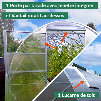 Porte façade avec fenêtre intégrée sur serre polycarbonate alvéolaire demi-lune