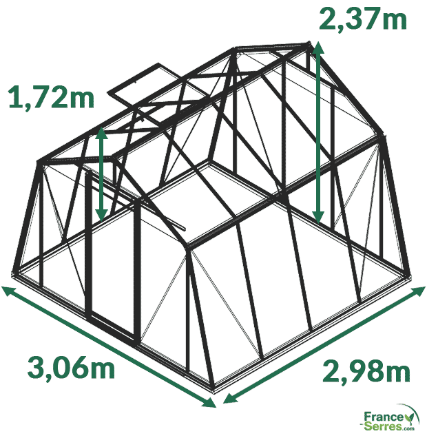 dimensions serre en verre oblique 9,12 m² blackline (aluminium laqué)