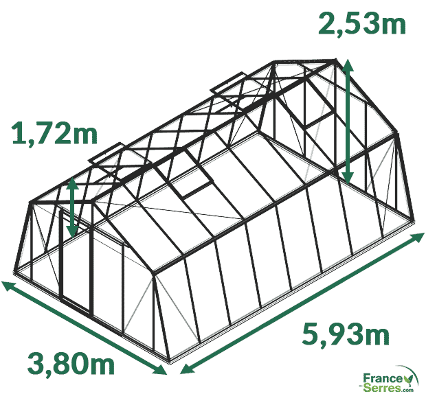dimensions serre en verre oblique 22,53 m² blackline (aluminium laqué)