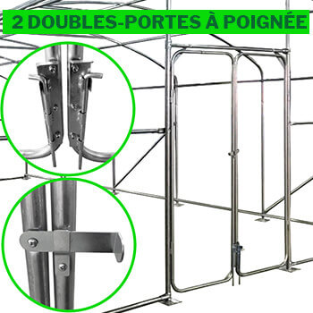 2 portes sur chanières avec une grande poignée 2 doubles-portes sur chanières avec loquet-poignée, butées et cales coulissantes