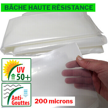 Bâche de HAUTE QUALITÉ de 200 microns d'épaisseur traitée anti-UV et anti-gouttes Bâche de HAUTE QUALITÉ de 200 microns d'épaisseur traitée anti-UV et anti-gouttes